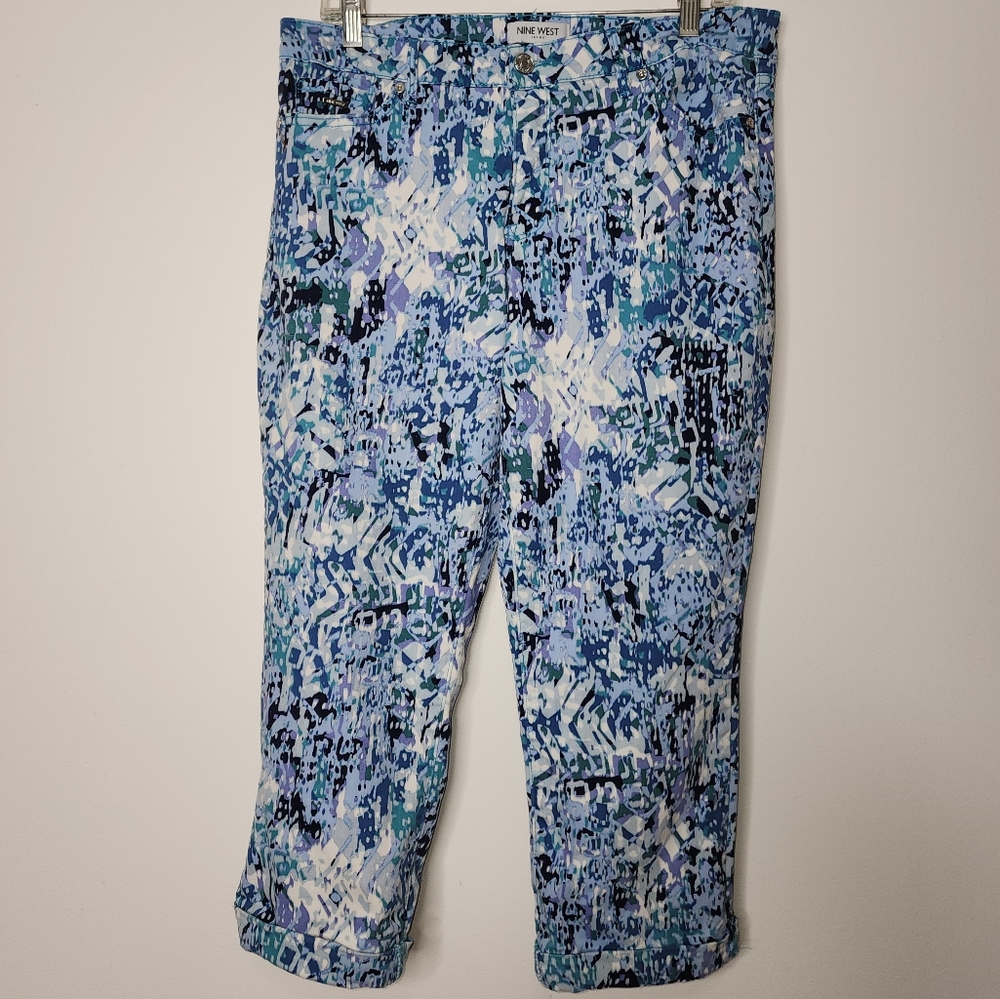 Nine West Chrystie Capri blue abstract print stretch capris 12